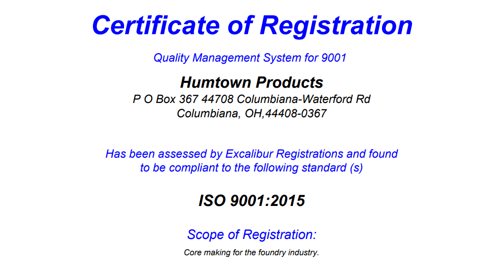 Humtown Products ISO 9001 Registration ISO 9001 Certification